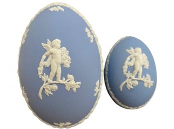 Two Vintage Wedgwood Blue Jasperware Egg Trinket Boxes With Cherub Motif