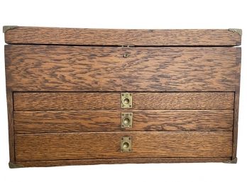 Antique Oak Tool Box With Brass Accents