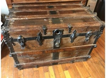 Gorgeous Antique Wooden Trunk With Hammered  Edging And Metal Strapping