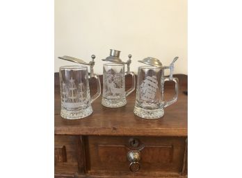 3 Incredible Vintage Pewter Beer Steins