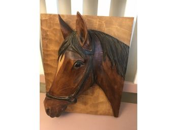 Vintage Three Dimensional Handcarved Wooden Horse Head Plaque