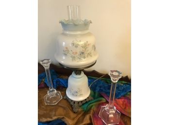 Charming Victorian Style Lamp And Two Lead Crystal Candleholders
