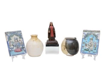 Set Of 5 - Valerie Pottery, Wooden Santos And Qajar Figural Tiles
