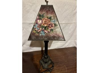 Black Metal Lamp With Frosted Glass Shade And Enameled Flowers