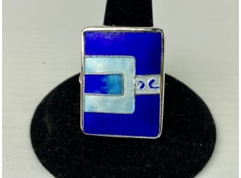 Sterling Silver And Blue Enamel Abstract Ring