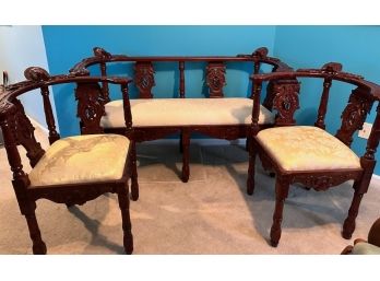 Italian Renaissance Carved Upholstered Settee And 2 Corner Chairs