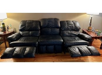 Three Section Black Leather Sofa With Reclining Ends