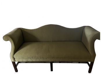 Olive Green Camel Back Sofa With Carved Mahogany Frame