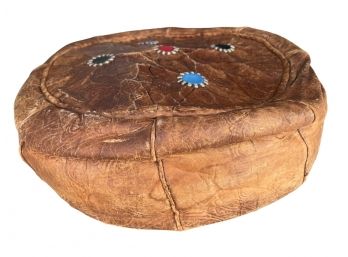 Moroccan Tooled Leather Pouf With Embroidery