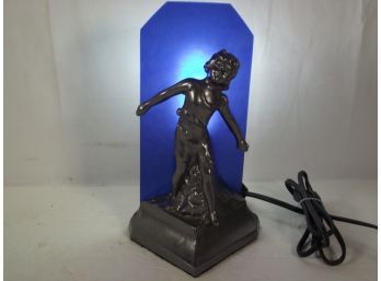 Vintage Art Deco Stained Glass Desk/table Lamp With Metal Figure