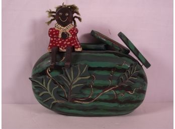 Black Americana Carved And Signed Wooden Watermelon And Small Girl