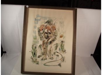Vintage Birdsey Watercolor Painting Of Lion