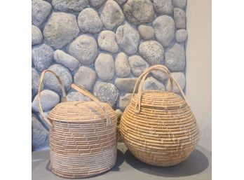 (2) Coiled Hand-Woven Baskets With Lids And Handles