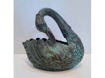 Vintage Brass Swan Garden Planter With Patinated Verdigris Finish