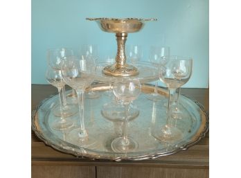 An Heirloom Vintage Silver Plate Tray Cake And Candy Plates And Two Variety Of Cordial Glasses