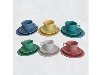 Set Of 6 Multi-color Fiesta Ware Lead Free Expresso Cups, Saucers, And Side Plates