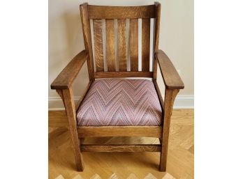 Stickley Mission Style Tiger Oak Side Chair With MultiColored Vintage Fabric On Seat