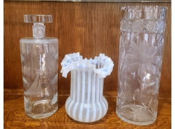 Beautiful White Art Glass Vase With Crystal Decanter & Vase