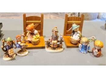 Adorable Collection Of Small Goebel / Hummel Figurines, 2 Bookshelves And Ceramic Japanese Angels