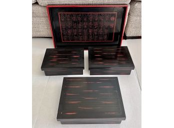 (3) Asian Motif Black Lacquer Boxes With Serving Tray By Centrum
