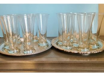 14 Pilsner Glasses With 2 Vintage Silver Plated Trays Marked WM Rogers-471 & OL Oneida USA
