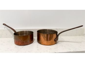 (2) Vintage French Copper Sauce Pans With Extra Large Hanging Handles