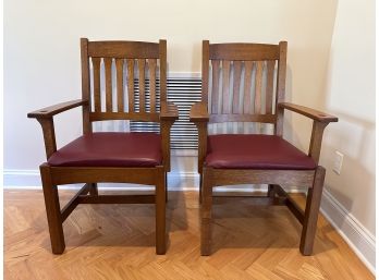 Two Mission Style Stickley Furniture Tiger Oak Arm Chairs In A Rich Burgundy Red.