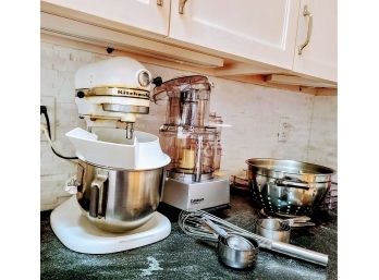 Kitchen Aid Mixer And Cuisinart Food Processor, Strainer, Whisk, & Set Of Measuring Cups