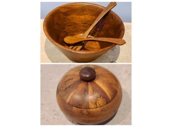 Large Walnut Wood Salad Bowl Paired With Small Collectable Beautiful Wooden Keepsake Container