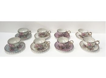 Set Of 8 Fine Royal Halsey Iridescent Floral Teacups With Saucers