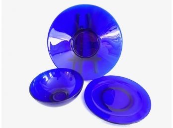 Trio Of Cobalt Blue Glass Serving Pieces