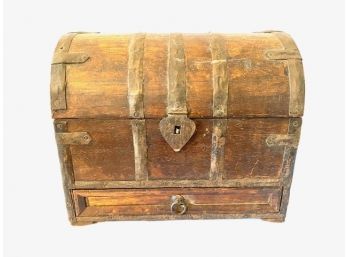 Antique Solid Wood & Forged Iron Treasure Chest Diminutive Trunk