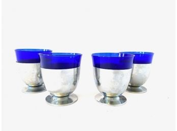 Set Of 4 Vintage Hand-blown Cobalt Blue Glass Vessels In Stainless Pedestals