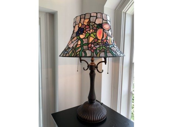 Gorgeous Tiffany Style Lamp With Geode And Glass Bonnet Shaped Shade