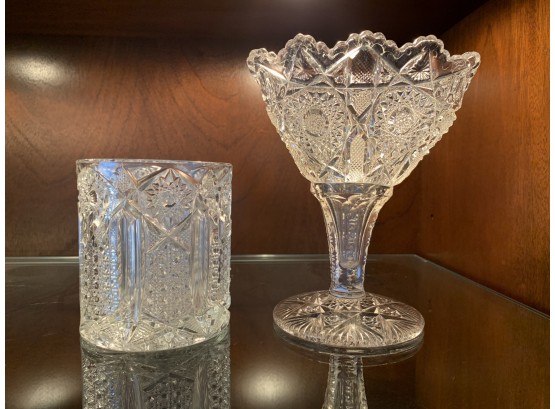 Two Brilliant Antique Pressed Glass Pieces With Starburst And Lace Patterns