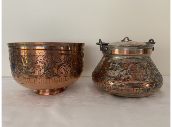 Vintage Turkish Copper And Tin Jardinaire And Covered Pot
