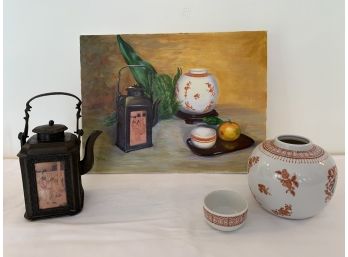 Oil Still Life Painting With Antique Iron Tea Pot And Ginger Jar