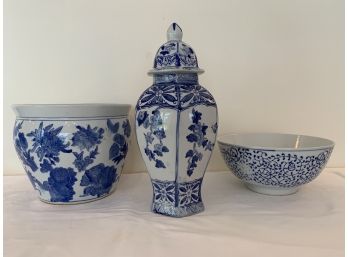 Ceramic Lidded Jar, Cachepot And Bowl In Blue And White