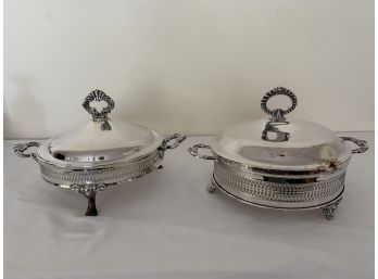 Two Round Pierced Silver Plated Chaffing Dishes With Lids