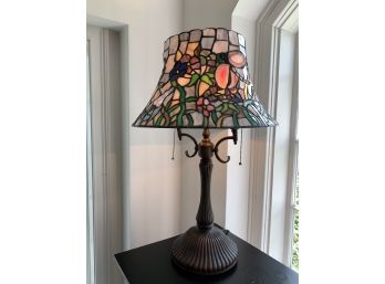 Gorgeous Tiffany Style Lamp With Geode And Glass Bonnet Shaped Shade