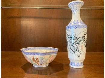 Gorgeous Hand Painted Paper Thin Porcelain Asian Vase & Bowl