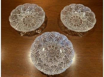Three Antique Pineapple And Fan Pressed Glass Berry Dishes