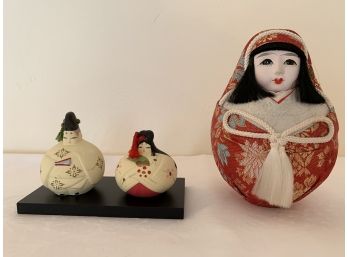 Japanese Matsuyana Empress Jingu Pregnant Daruma Doll And Painted Bell Couple