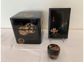 Three Japanese Lacquer Boxes With Gilt And Mother Of Pearl Decoration
