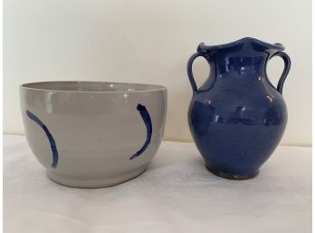 Lovely Artisan Pottery Batter Bowl And Double Handled Vase