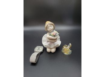 Lladro Figurine And A Mini Rocking Chair On Mirror.  The Pair ! - - - - - - - - - - - - - - - - Loc: SB Bag