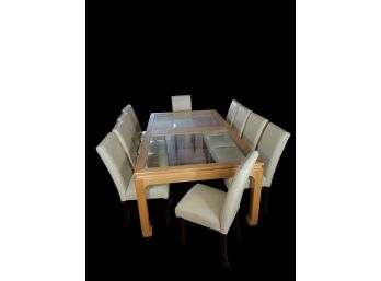 Dining Room Set.  Solid Wood / Glass Table And 10 Ivory Leather Chairs. - - - - - - - - - - - Loc Garage