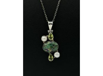 Turquoise, Peridot, Pearl & Sterling Silver Pendant & Necklace