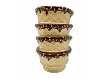 Set Of 4 Onieda Waffle Cone Ceramic Ice Cream Bowls
