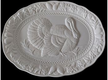 Vintage Boston Warehouse Trading White Embossed Ceramic Turkey Platter 18 X 14